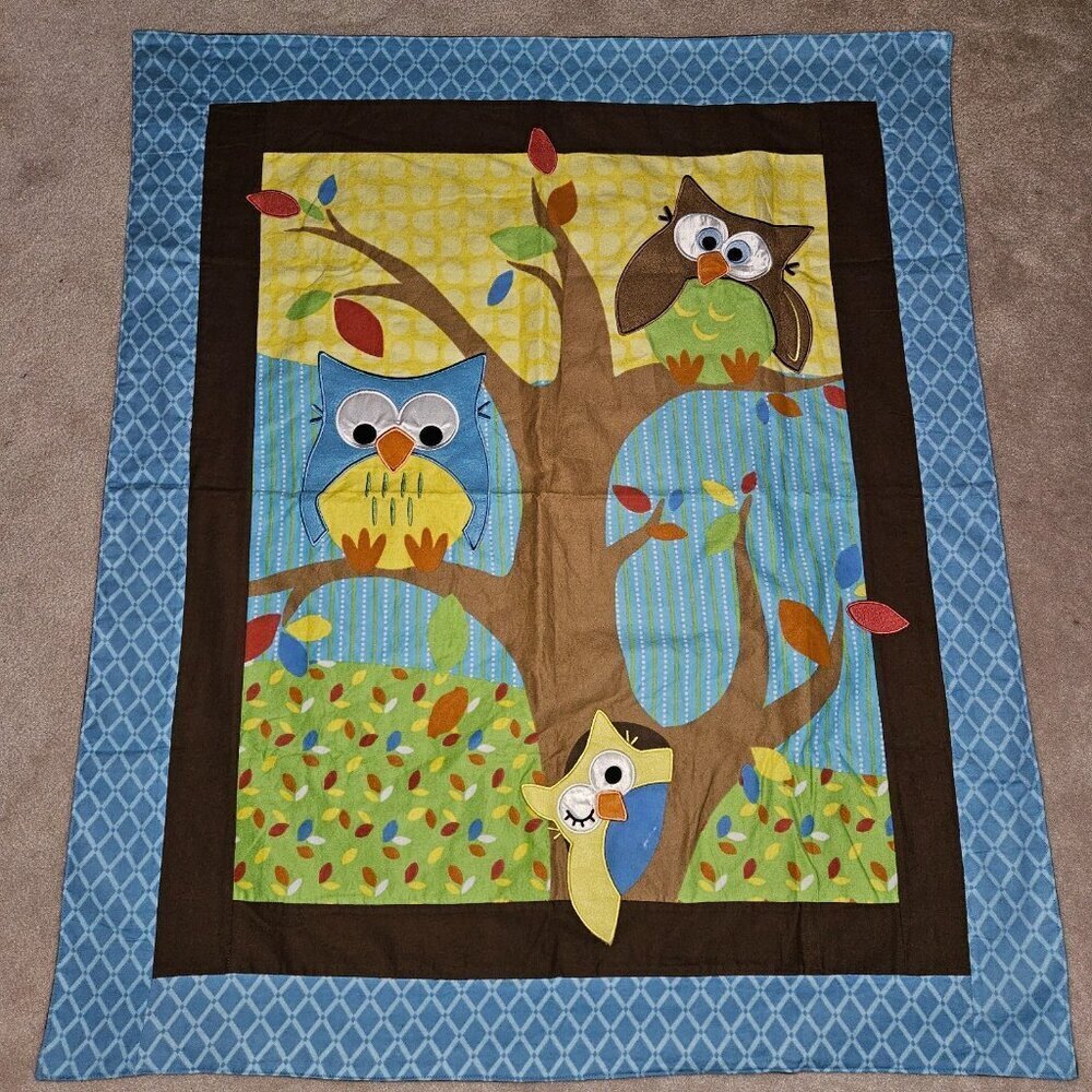 Handmade Baby Blanket Comforter Wall Decor 35x41 Owls In Tree Leaves Blue Brown